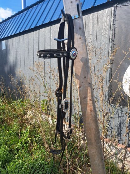Handmade Black Bridle with Swarovski Crystal Conchos and Buckles by a Master Leatherworker - Image 6